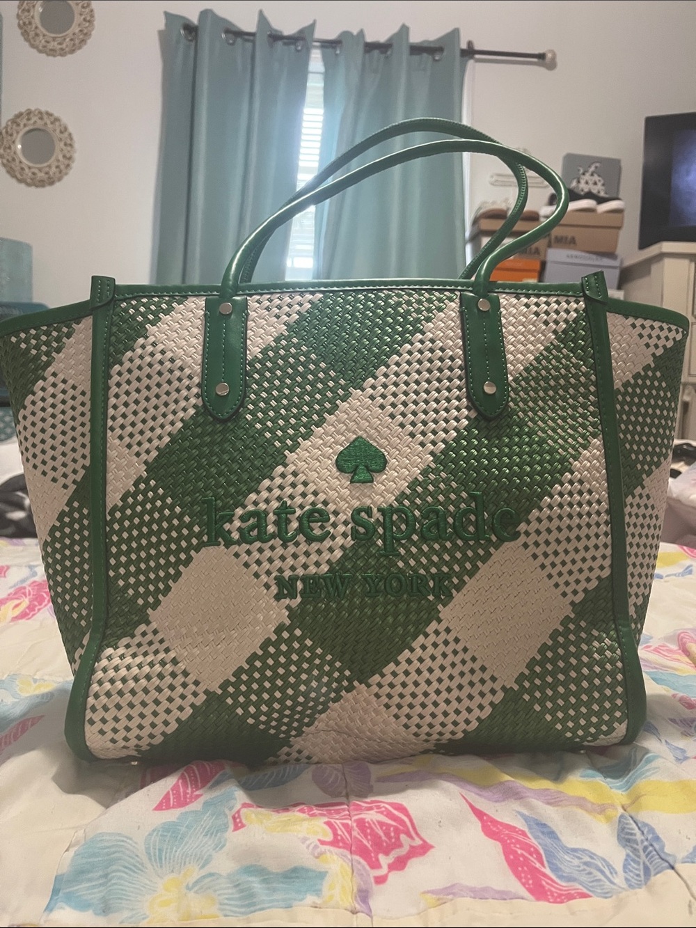 kate spade Green & White Woven Tote Shoulder Bag